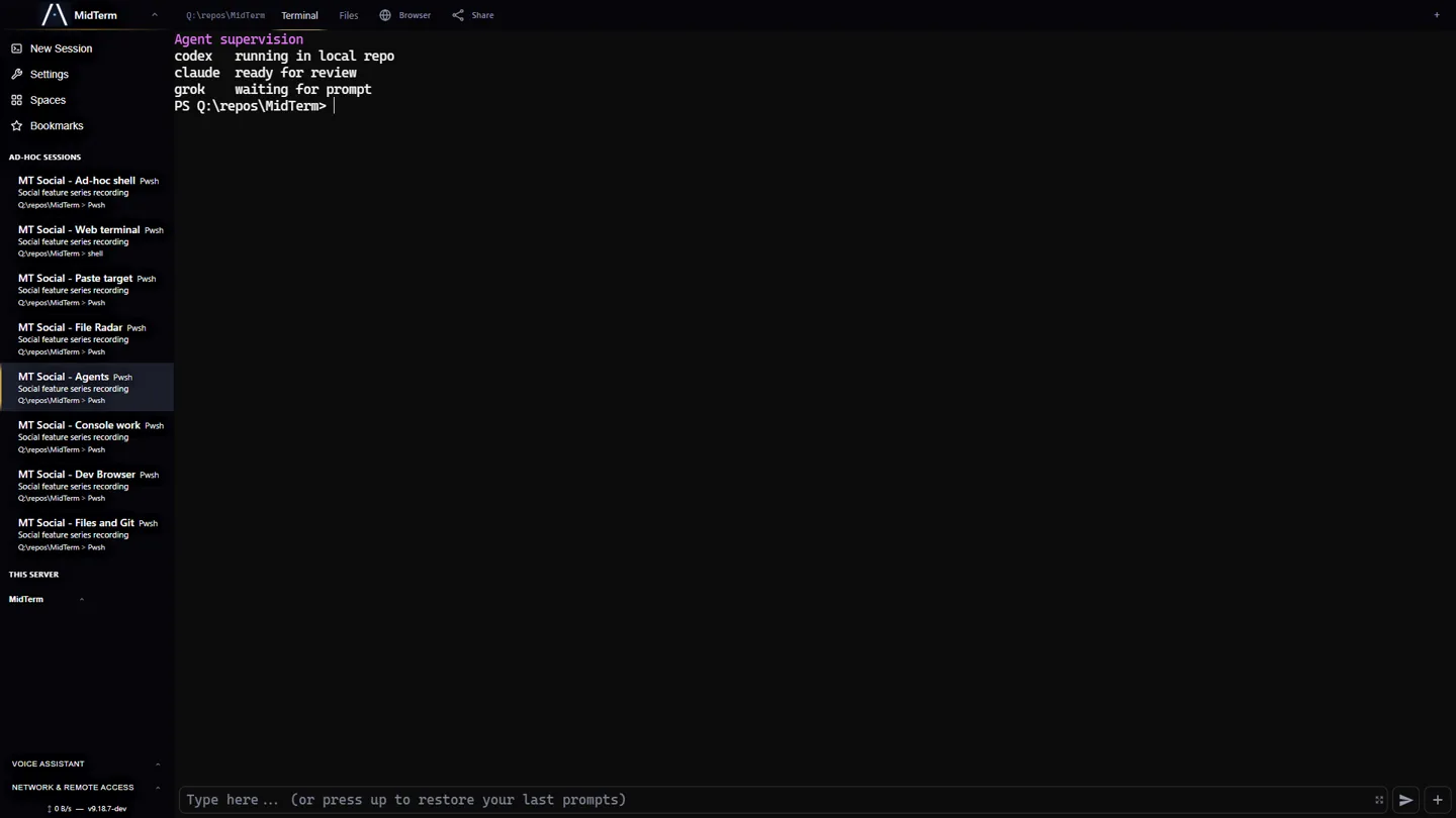 Real MidTerm sessions running Codex, Claude Code and Grok Build in parallel
