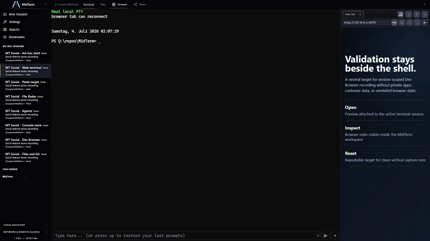 The real MidTerm browser workspace with terminal sessions, files and a development preview